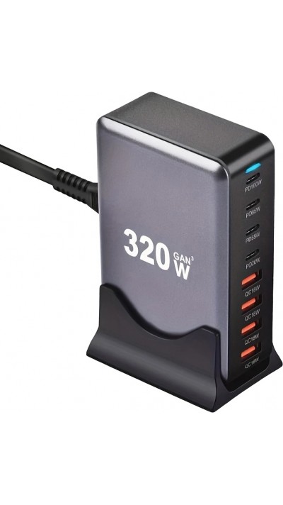 Schnellladegerät 320W Hub GaN III USB-C 8 Ports für PC/Tablet/Smartphone mit CH/EU Stecker - Grau
