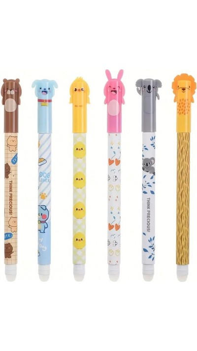 Stylos gel effaçables bleus avec animaux mignons et recharges pour école/bureau (lot de 6 pièces)