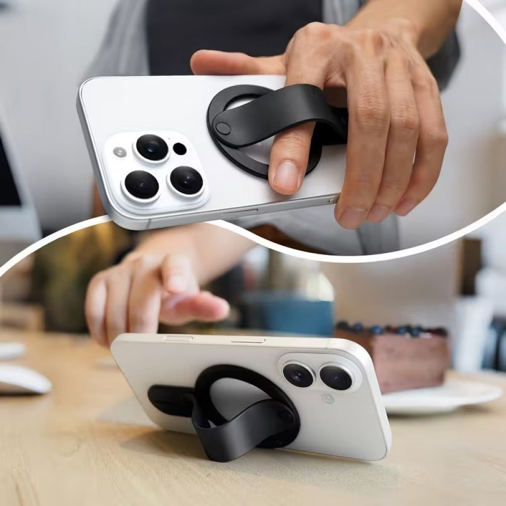 MagSafe Halterung f&uuml;r iPhone 17/16/15/14/13/12 abnehmbarer und faltbarer Ring sicherer Griff aus Zinklegierung mit integriertem Adapter - Schwarz