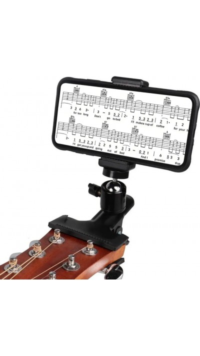 Universal Smartphone Halter für Gitarre & Ukulele verstellbare Klemme mit 360° Kugelgelenk stabile Handyhalterung - Schwarz