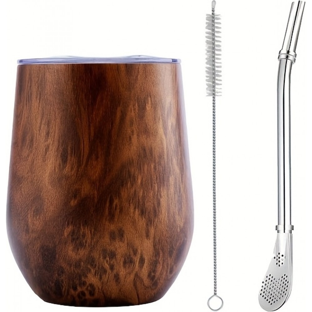 Yerba Mate Tasse Kit 250 ml mit Bombilla, Deckel, Strohhalm & Reinigungsbürste - Holz