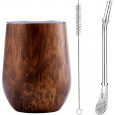 Yerba Mate Tasse Kit 250 ml mit Bombilla, Deckel, Strohhalm & Reinigungsbürste - Holz