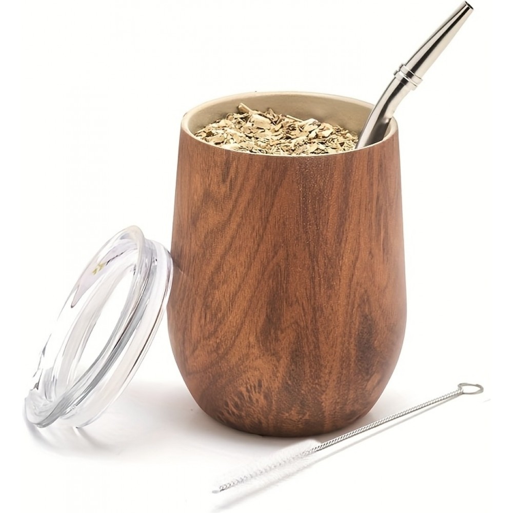 Yerba Mate Tasse Kit 250 ml mit Bombilla, Deckel, Strohhalm & Reinigungsbürste - Holz