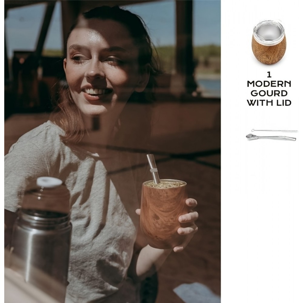 Yerba Mate Tasse Kit 250 ml mit Bombilla, Deckel, Strohhalm & Reinigungsbürste - Holz