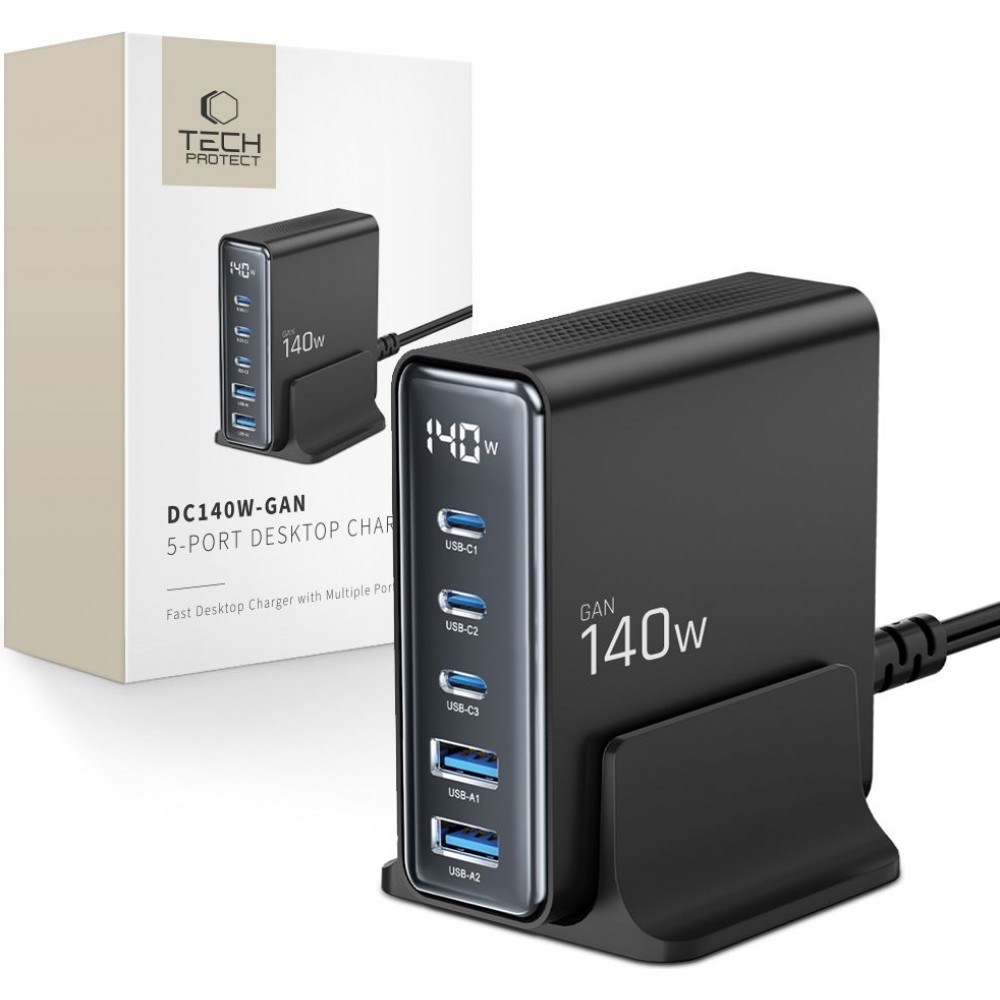Tech-Protect DC140W-GAN Mehrport-Ladestation mit 5 Anschlüssen 3x PD USB-C und 2x QC 3.0 USB-A - Schwarz