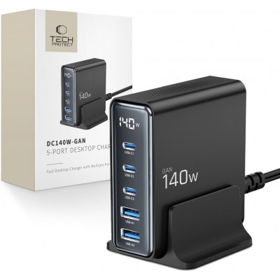 Tech-Protect DC140W-GAN Mehrport-Ladestation mit 5 Anschlüssen 3x PD USB-C und 2x QC 3.0 USB-A - Schwarz