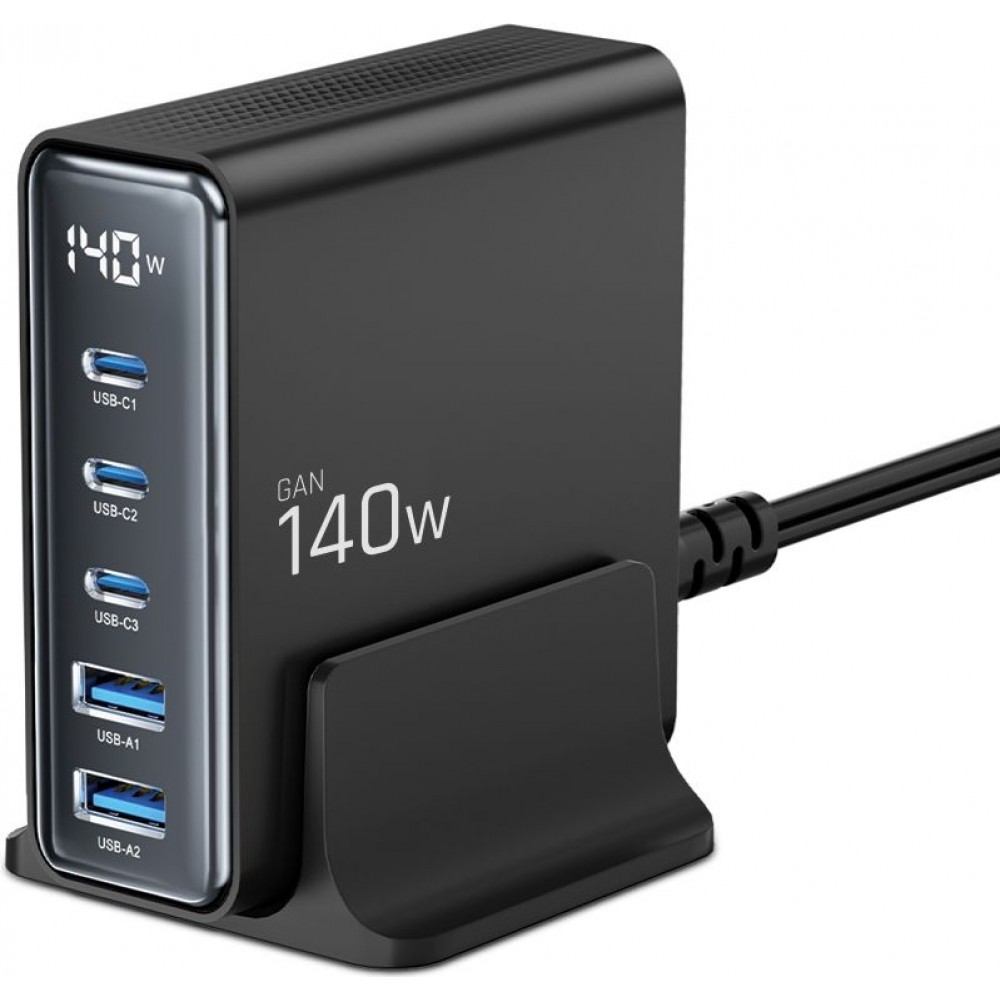 Tech-Protect DC140W-GAN Mehrport-Ladestation mit 5 Anschlüssen 3x PD USB-C und 2x QC 3.0 USB-A - Schwarz
