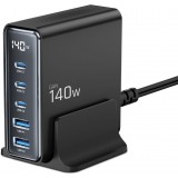 Tech-Protect DC140W-GAN Mehrport-Ladestation mit 5 Anschlüssen 3x PD USB-C und 2x QC 3.0 USB-A - Schwarz