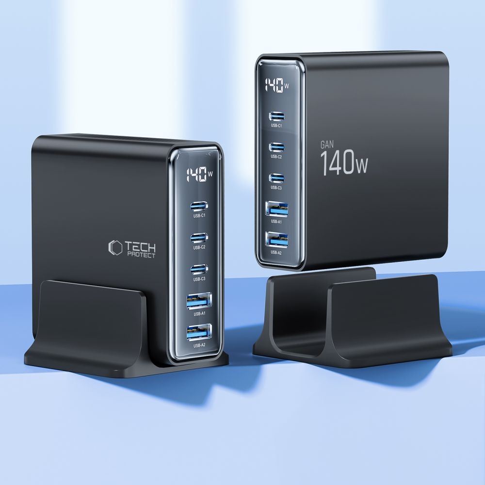 Tech-Protect DC140W-GAN Mehrport-Ladestation mit 5 Anschlüssen 3x PD USB-C und 2x QC 3.0 USB-A - Schwarz