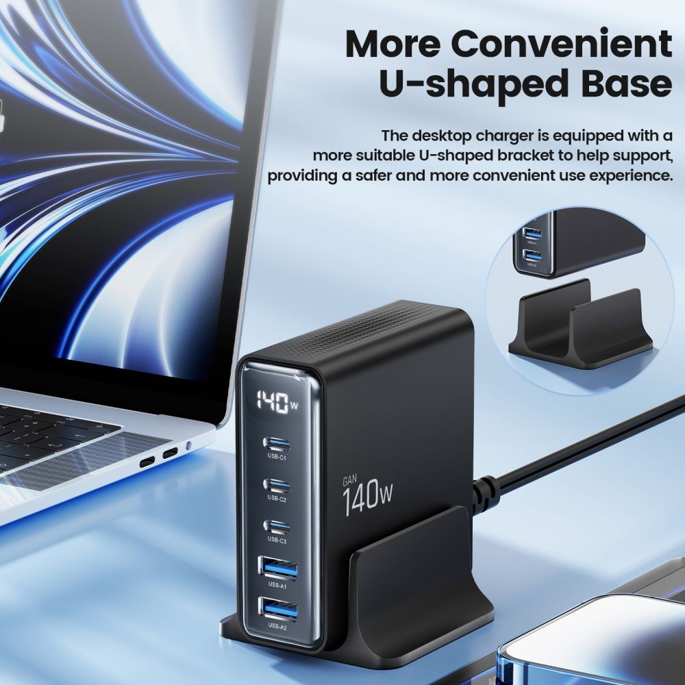 Tech-Protect DC140W-GAN Mehrport-Ladestation mit 5 Anschlüssen 3x PD USB-C und 2x QC 3.0 USB-A - Schwarz
