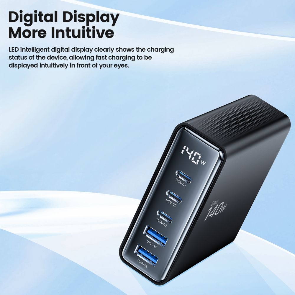 Tech-Protect DC140W-GAN Mehrport-Ladestation mit 5 Anschlüssen 3x PD USB-C und 2x QC 3.0 USB-A - Schwarz