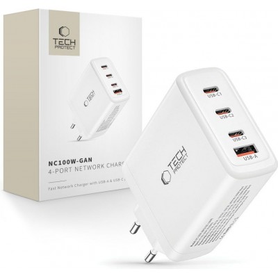 Tech-Protect NC100W-GAN 100W Ladeger&auml;t 3x USB-C PD / USB-A QC 3.0 - Weiss