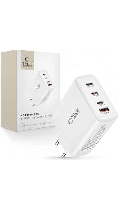 Tech-Protect NC100W-GAN 100W Ladeger&auml;t 3x USB-C PD / USB-A QC 3.0 - Weiss