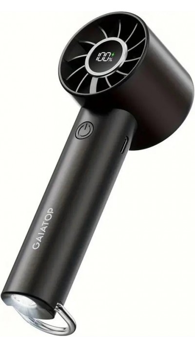Gaiatop HF-01 Tragbarer 3-Geschwindigkeits Ventilator mit integrierter Taschenlampe (1800mAh, USB-C) - Schwarz