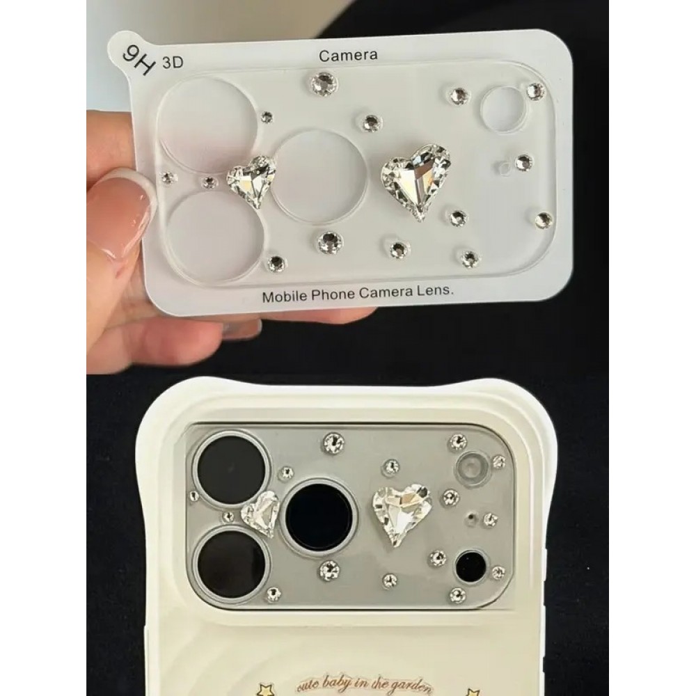 Vitre de protection caméra 3D luxe pailletée effet diamant cœur arc-en-ciel - Argent - iPhone 17 Pro Max