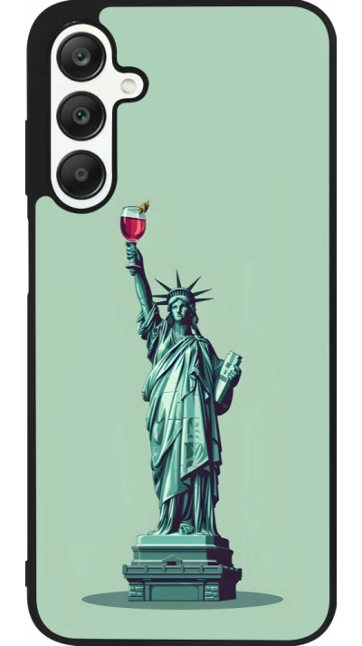 Coque Samsung Galaxy A25 - Silicone rigide noir Wine Statue de la liberté avec un verre de vin