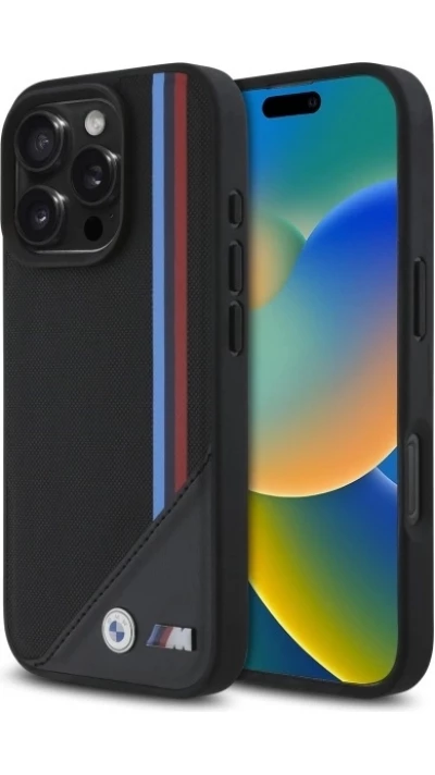 Coque iPhone 16 Pro - BMW M Tricolore Stripes cuir MagSafe - Noir