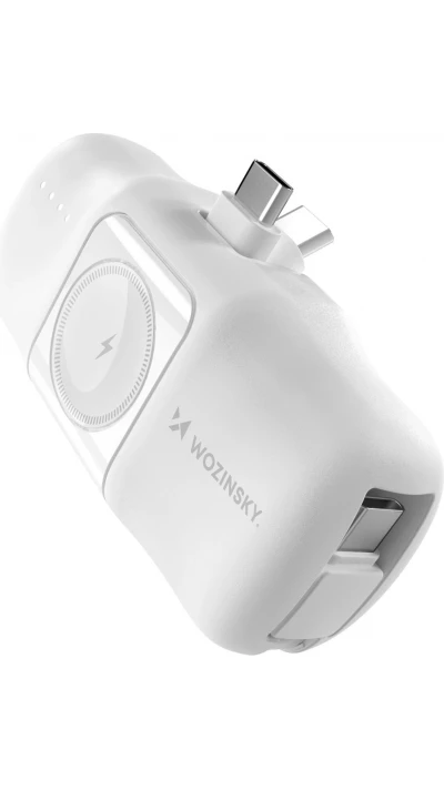Batterie Externe Wozinsky WF16-YCS 5000mAh 15W USB-C Mini avec Câble USB-C Intégré et Chargeur Apple Watch - Blanc