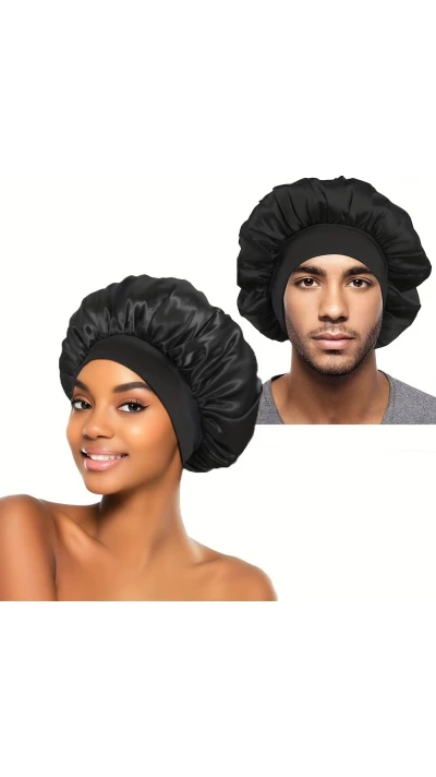 Bonnet de nuit satin unisexe élastique (taille universelle) pour coiffures tous types cheveux - Noir
