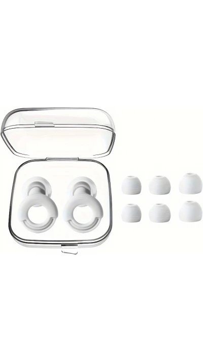 Bouchons d'oreilles loop en silicone (3 tailles d'embout) réutilisables avec étui de rangement - Blanc