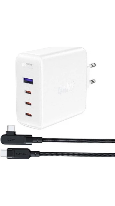 Chargeur rapide Acefast 100W GaN (3x USB-C / 1x USB-A) avec câble anglé USB-C 100W (2 m) - Blanc