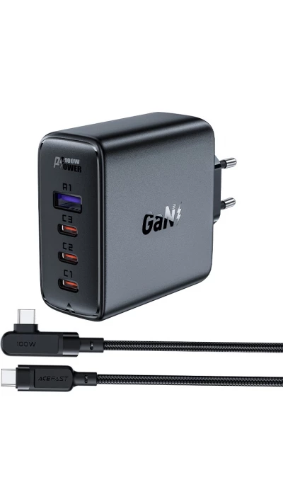 Chargeur rapide Acefast 100W GaN (3x USB-C / 1x USB-A) avec câble anglé USB-C 100W (2 m) - Noir