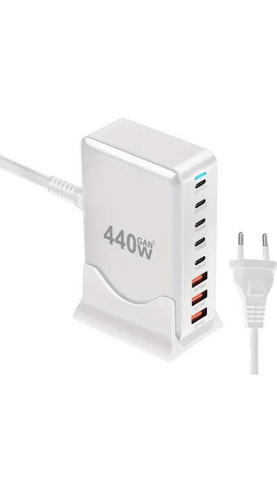 Chargeur rapide multi-port 440W GaN avec indicateurs LED 8 en 1 USB-C/USB-A prise CH/EU - Blanc