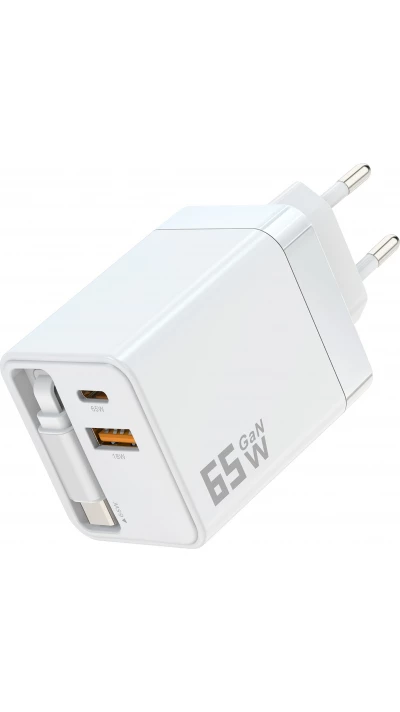 Chargeur rapide multiports PD 65W avec câble USB-C intégré - Blanc