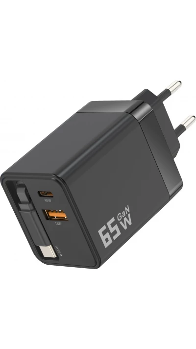 Chargeur rapide multiports PD 65W avec câble USB-C intégré - Noir