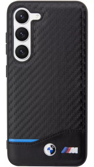 Coque Samsung Galaxy S23 - BMW M effet carbone et cuir avec logo métallique en relief - Noir