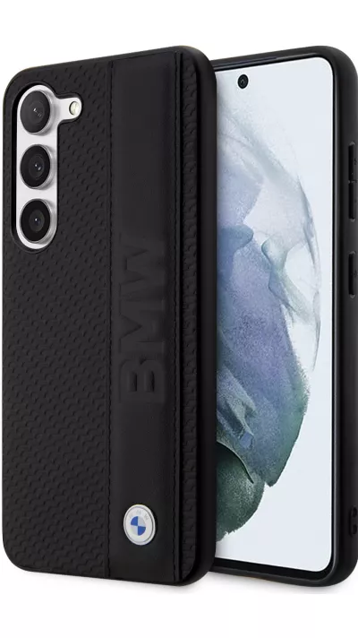 Coque Samsung Galaxy S23+ - BMW Signature Collection avec bandeau en cuir véritable et logo métallique - Noir