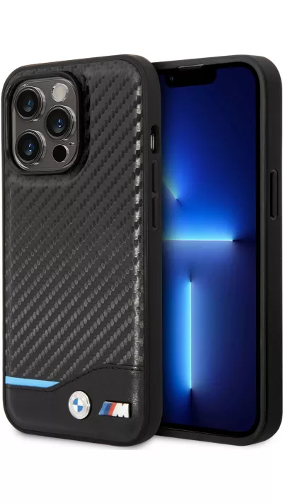 Coque iPhone 14 Pro - BMW M effet carbone et cuir avec logo métallique en relief - Noir