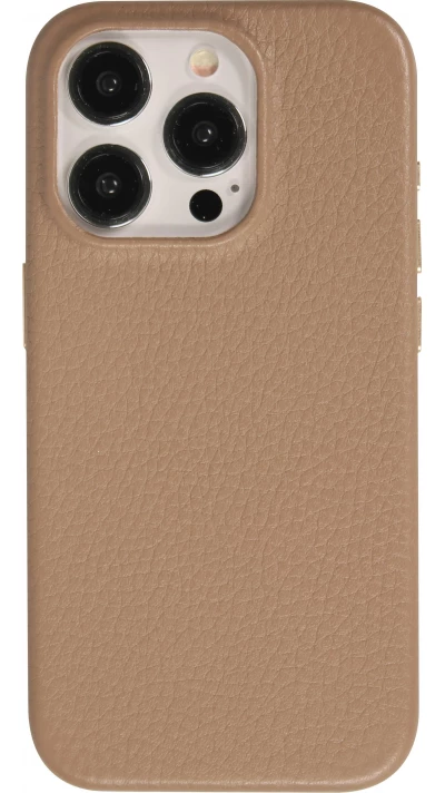 Coque iPhone 14 Pro Max - Cuir de veau luxe grainé intégral avec boutons métalliques et MagSafe - Beige