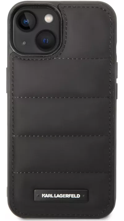 iPhone 15 Pro Case Hülle - Karl Stil gesteppter Puffy Soft-Touch-Silikonkanten und Metall-Logo - Schwarz
