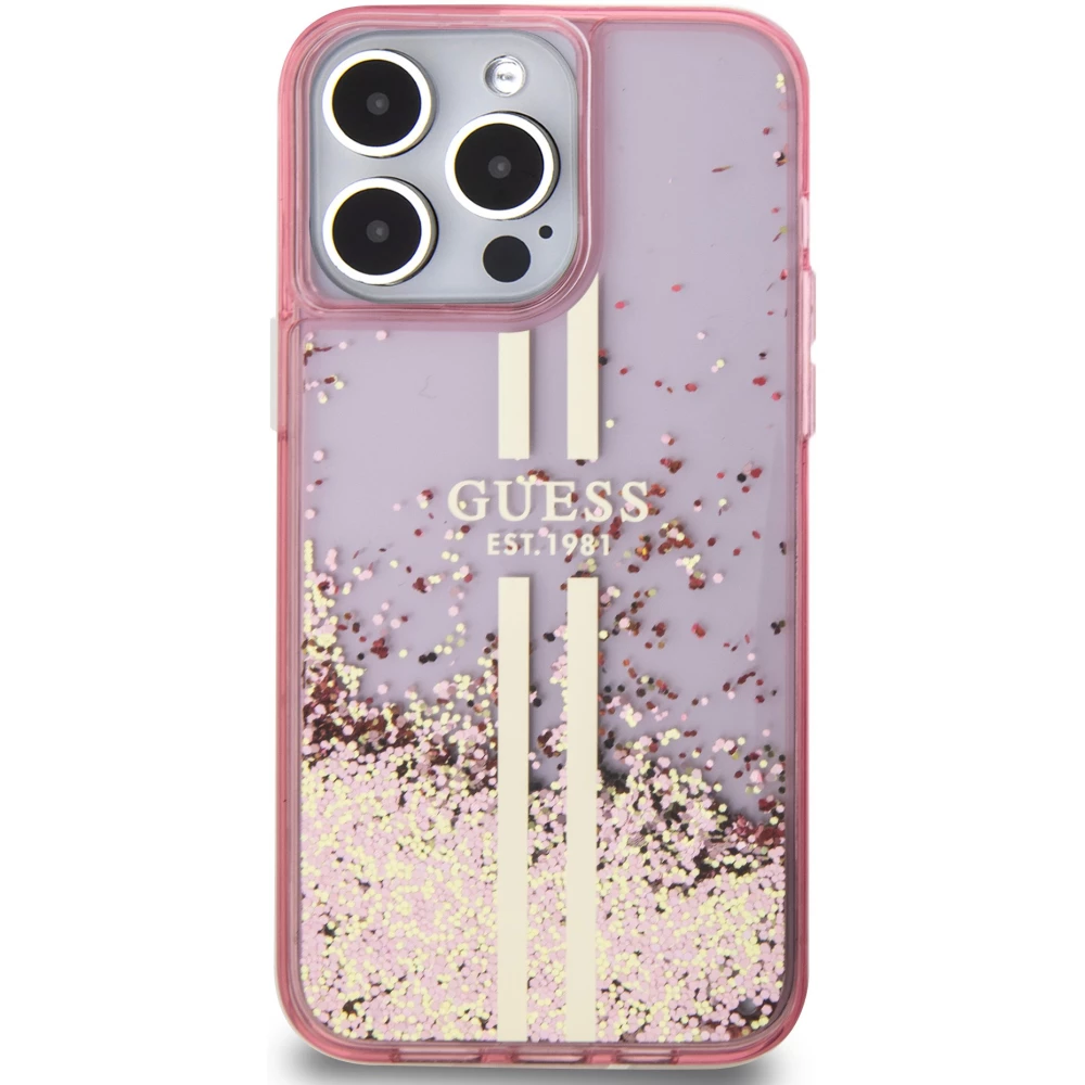 iPhone 15 Pro Max Case Hülle - Guess starres Gel flüssiger Glitter in Gold und Silber mit goldenem Logo - Rosa