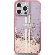 iPhone 15 Pro Max Case Hülle - Guess starres Gel flüssiger Glitter in Gold und Silber mit goldenem Logo - Rosa