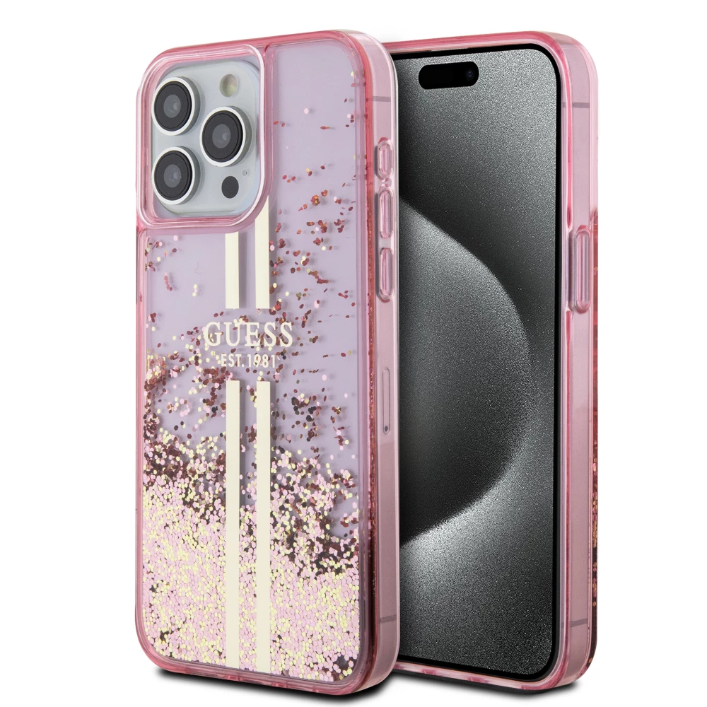 iPhone 15 Pro Max Case Hülle - Guess starres Gel flüssiger Glitter in Gold und Silber mit goldenem Logo - Rosa