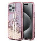 iPhone 15 Pro Max Case Hülle - Guess starres Gel flüssiger Glitter in Gold und Silber mit goldenem Logo - Rosa