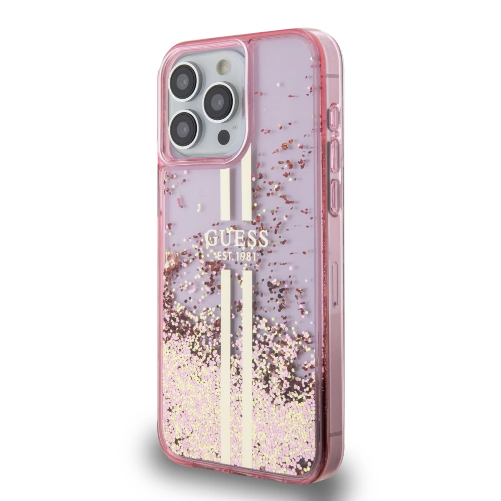 iPhone 15 Pro Max Case Hülle - Guess starres Gel flüssiger Glitter in Gold und Silber mit goldenem Logo - Rosa