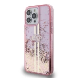 iPhone 15 Pro Max Case Hülle - Guess starres Gel flüssiger Glitter in Gold und Silber mit goldenem Logo - Rosa