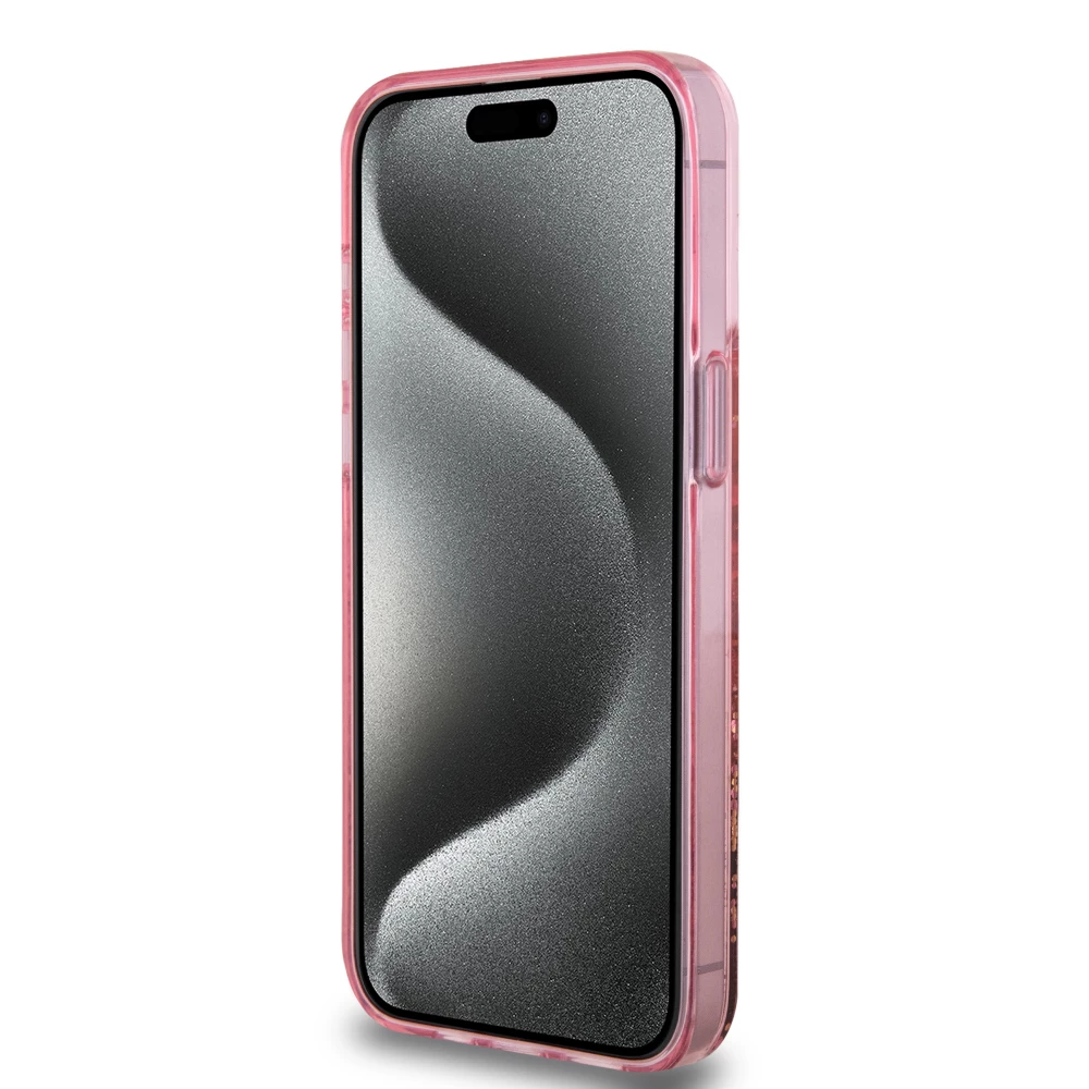 iPhone 15 Pro Max Case Hülle - Guess starres Gel flüssiger Glitter in Gold und Silber mit goldenem Logo - Rosa