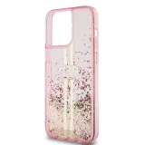 iPhone 15 Pro Max Case Hülle - Guess starres Gel flüssiger Glitter in Gold und Silber mit goldenem Logo - Rosa