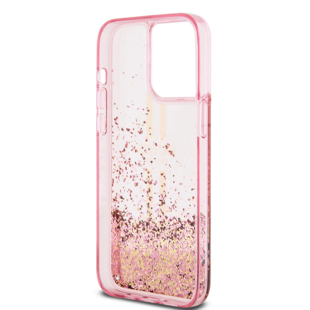iPhone 15 Pro Max Case Hülle - Guess starres Gel flüssiger Glitter in Gold und Silber mit goldenem Logo - Rosa
