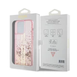 iPhone 15 Pro Max Case Hülle - Guess starres Gel flüssiger Glitter in Gold und Silber mit goldenem Logo - Rosa