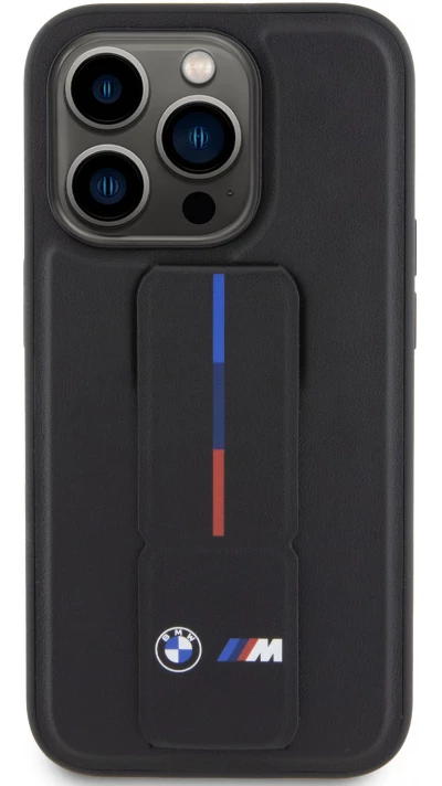 iPhone 15 Pro Case Hülle - BMW M Kunstleder mit integrierter verstellbarer Stütze - Schwarz