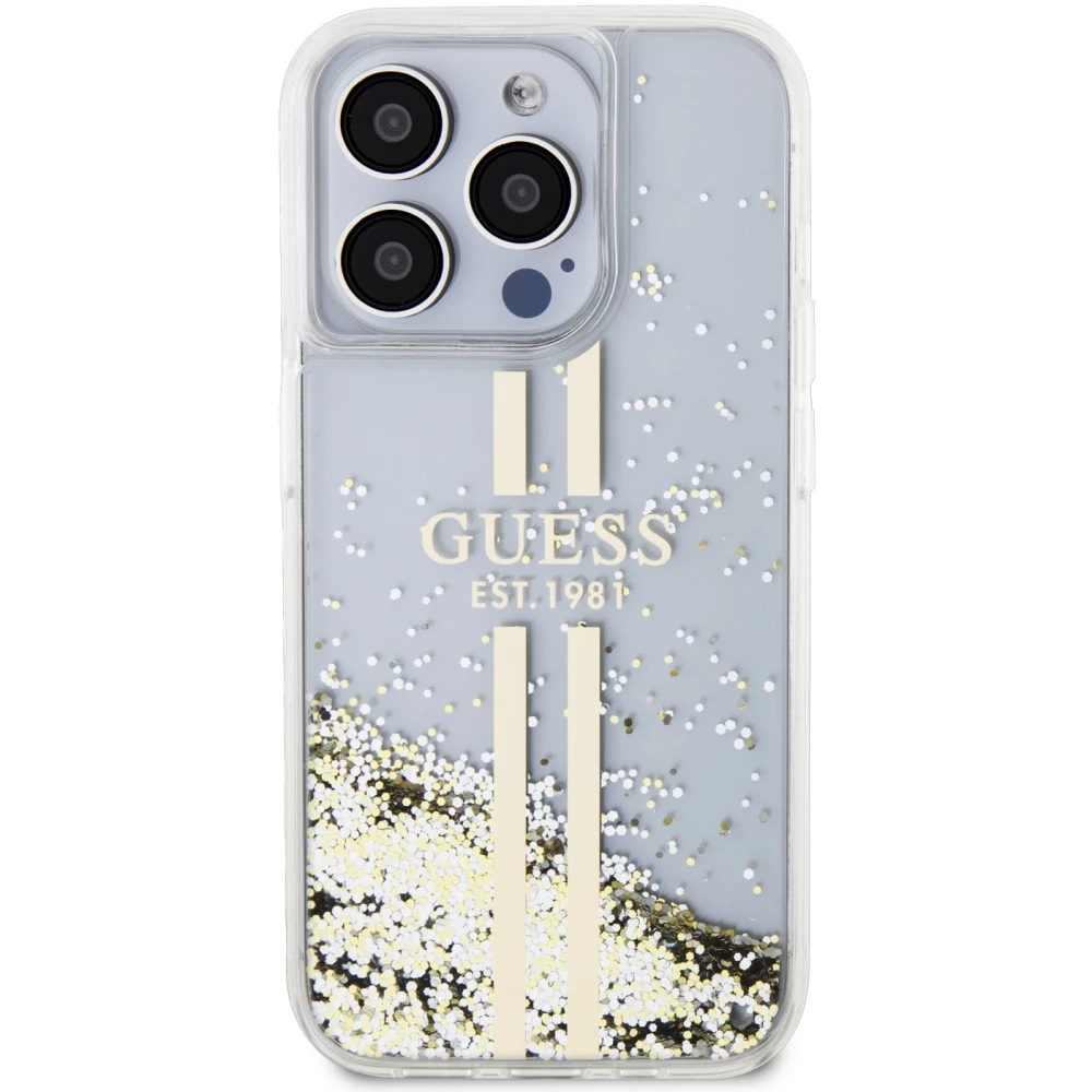 iPhone 15 Pro Max Case Hülle - Guess starres Gel flüssiger Glitter in Gold und Silber mit goldenem Logo - Transparent