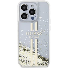 iPhone 15 Pro Max Case Hülle - Guess starres Gel flüssiger Glitter in Gold und Silber mit goldenem Logo - Transparent