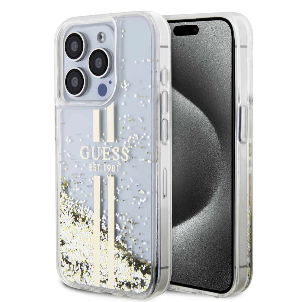 iPhone 15 Pro Max Case Hülle - Guess starres Gel flüssiger Glitter in Gold und Silber mit goldenem Logo - Transparent