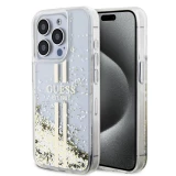 iPhone 15 Pro Max Case Hülle - Guess starres Gel flüssiger Glitter in Gold und Silber mit goldenem Logo - Transparent