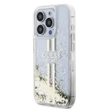 iPhone 15 Pro Max Case Hülle - Guess starres Gel flüssiger Glitter in Gold und Silber mit goldenem Logo - Transparent